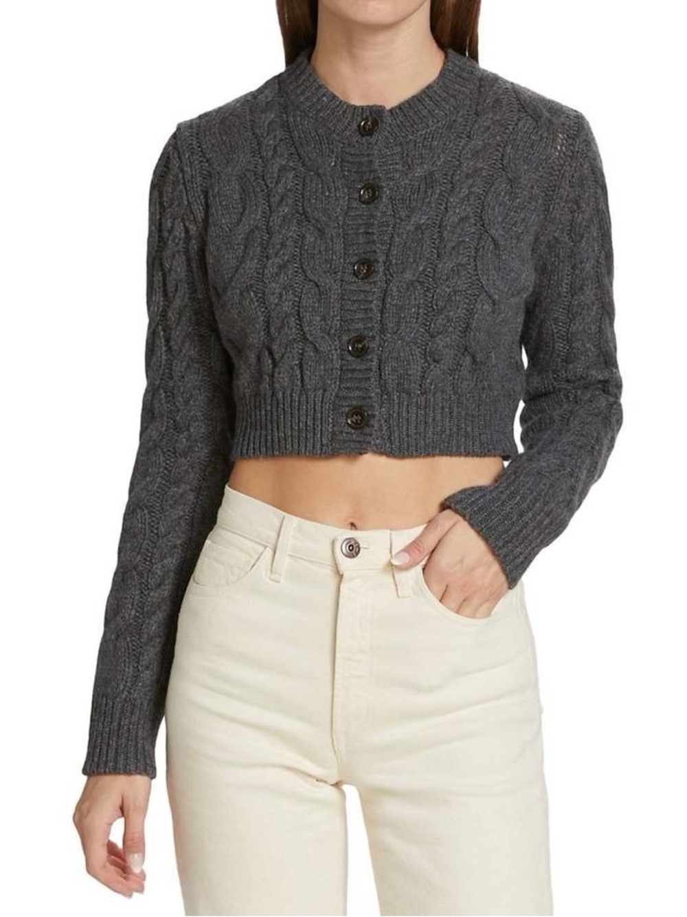 NWT $448 FRAME Cable Knit Merino Wool Crop Cardigan In Dark Gris Heather